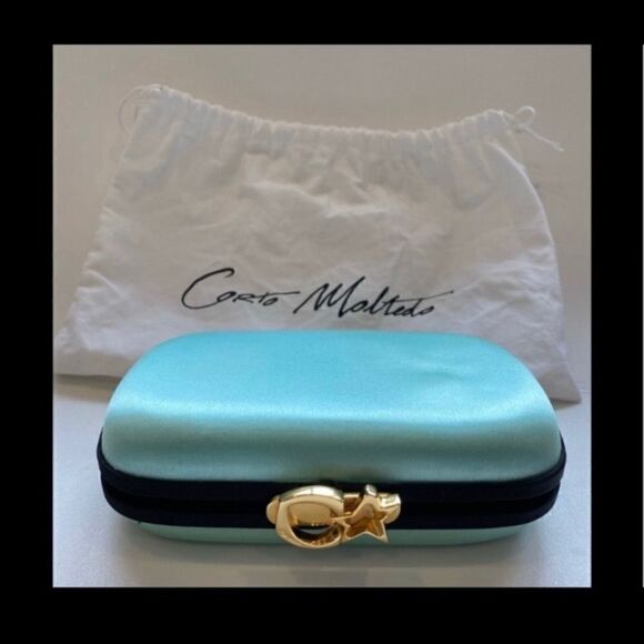 CARTO MOLTEDO SUSAN BLUE SATIN CHAIN CLUTCH BAG - Picture 3 of 8